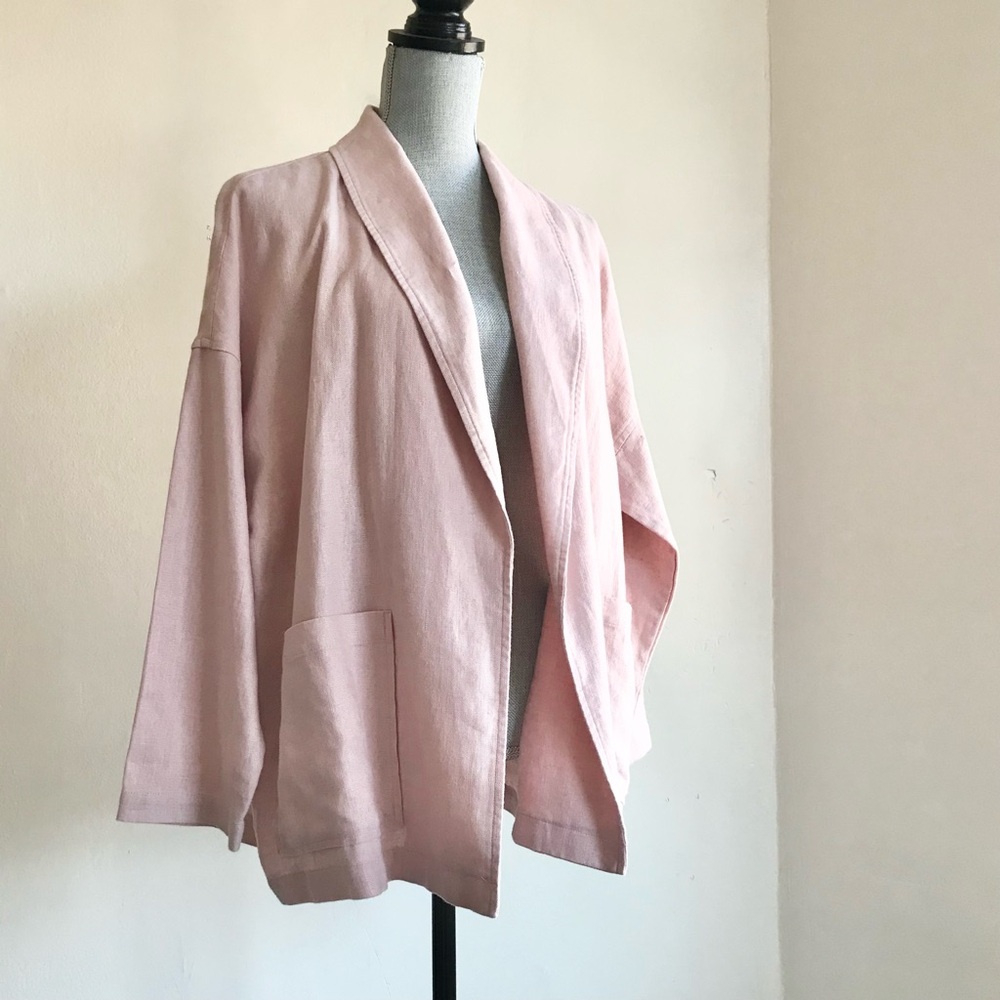 Eileen Fisher Organic Linen Blush Pink Shawl Collar Open Front Jacket Blazer S - Picture 3 of 10